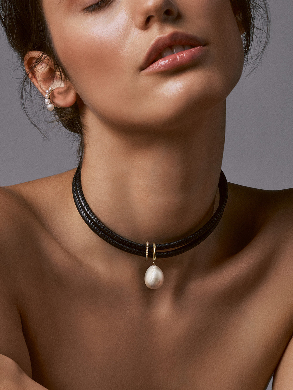 X2HR ラージパール&ダイヤモンドレザーチョーカー/ブレスレット